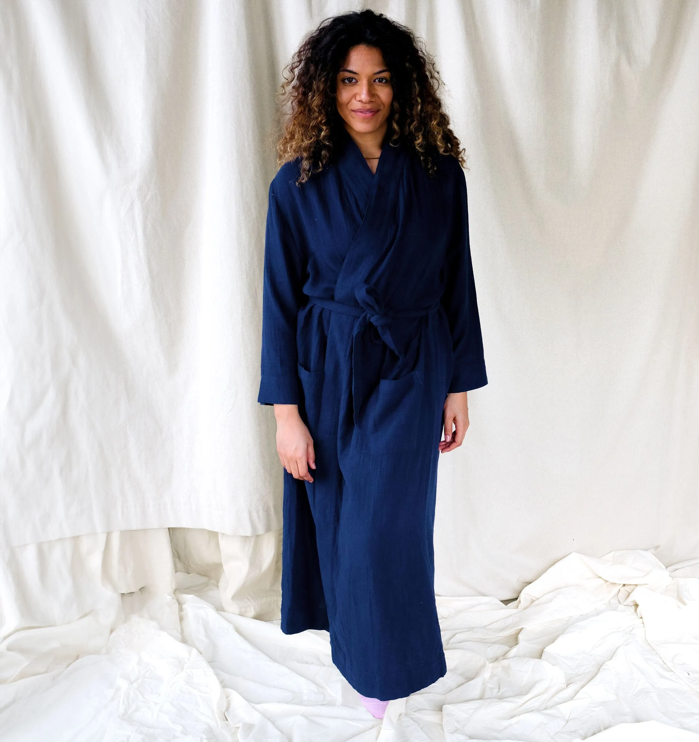 Belted cotton robe [Navy]