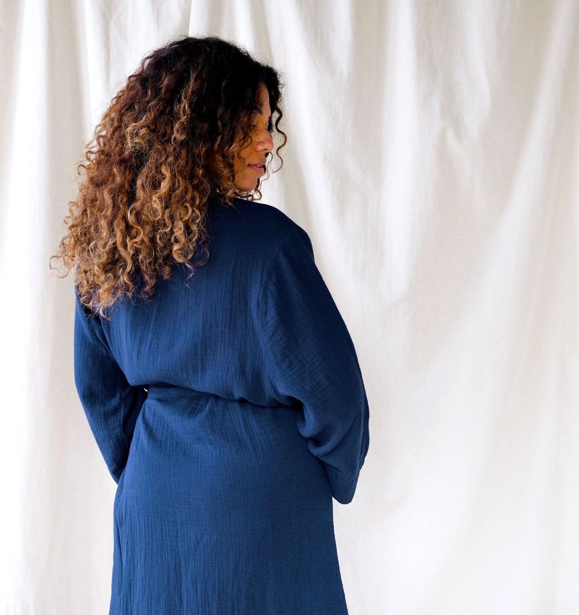 Belted cotton robe [Navy]