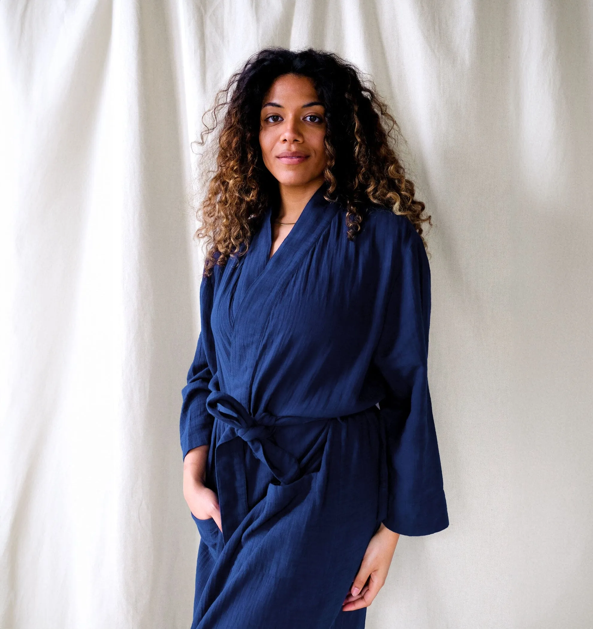 Belted cotton robe [Navy]