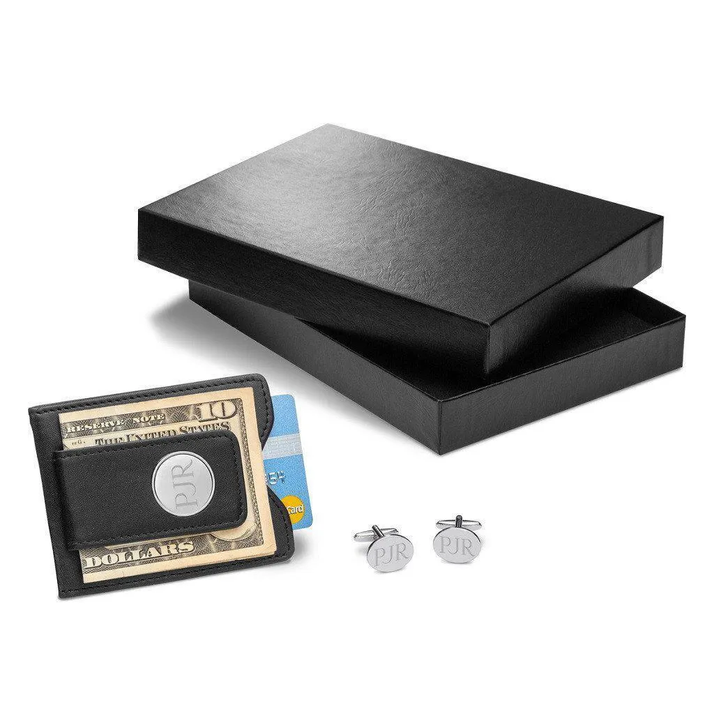 Black Leather Wallet and Modern Oval Cufflinks Personalized Set