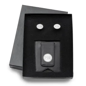 Black Leather Wallet and Modern Oval Cufflinks Personalized Set