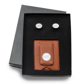 Brown Leather Wallet and Modern Oval Cufflinks Set