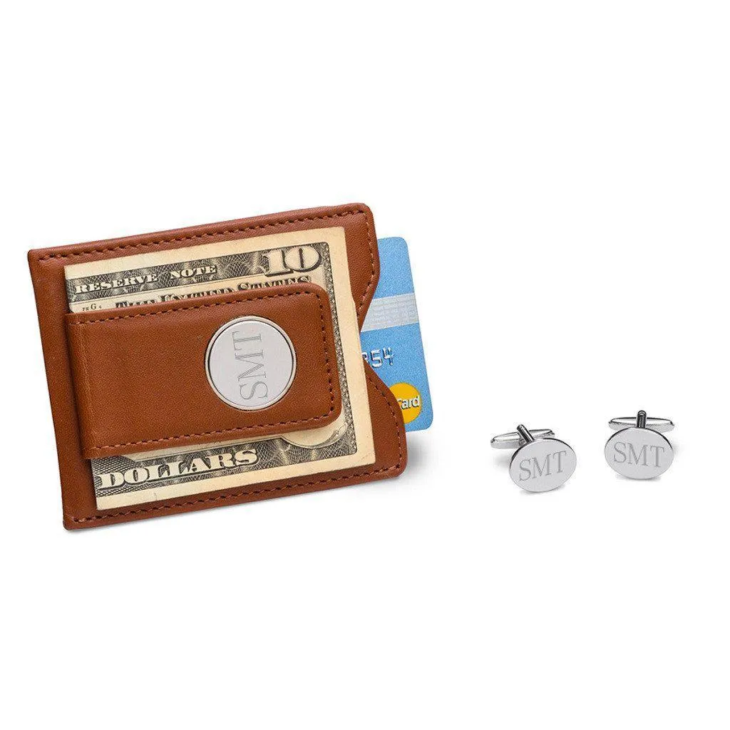 Brown Leather Wallet and Modern Oval Cufflinks Set