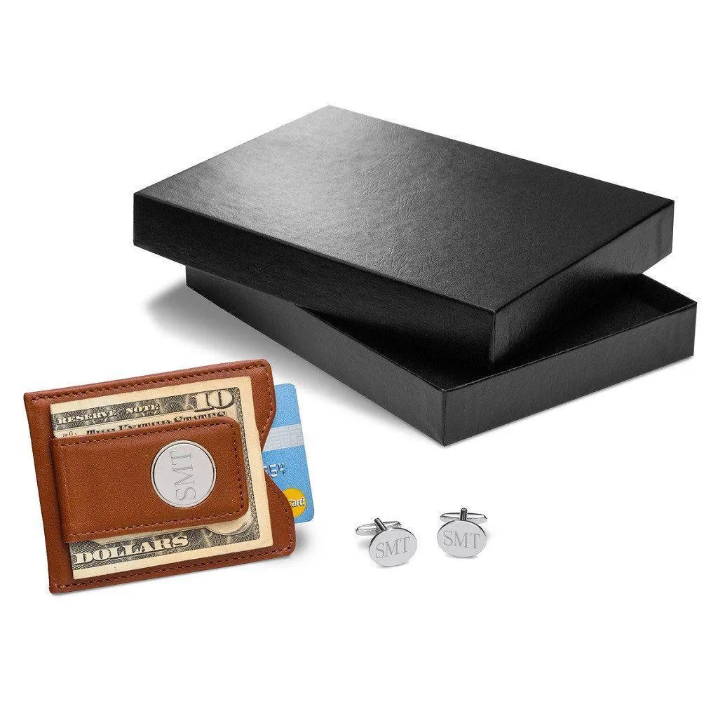 Brown Leather Wallet and Modern Oval Cufflinks Set