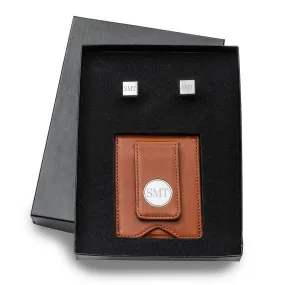 Brown Leather Wallet and Modern Square Cufflinks Personalized Set