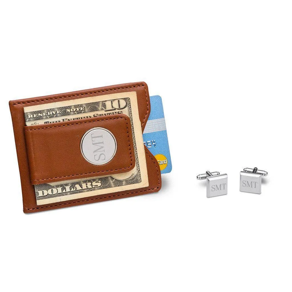 Brown Leather Wallet and Modern Square Cufflinks Personalized Set