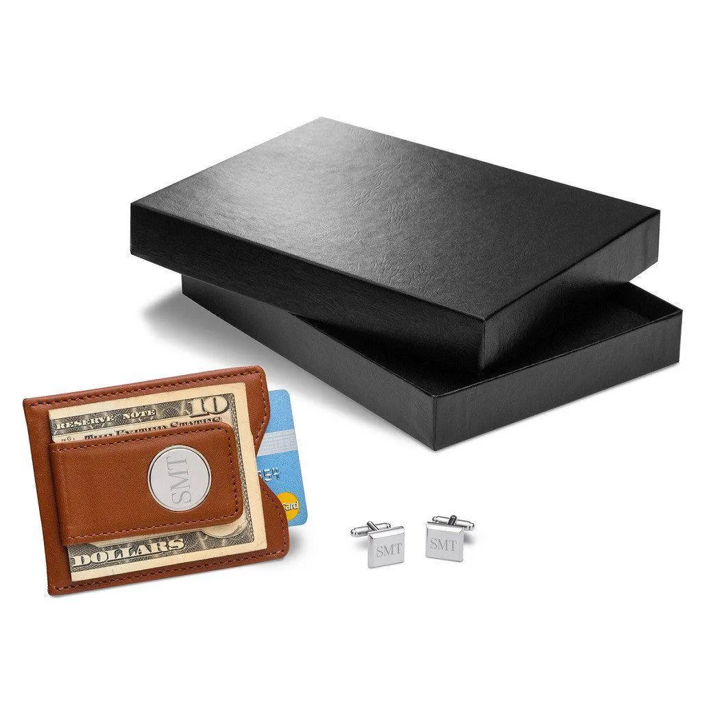 Brown Leather Wallet and Modern Square Cufflinks Personalized Set