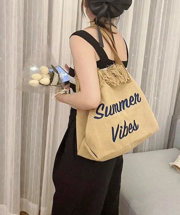 Casual Khaki Tassel Letter Embroidery Canvas Tote Handbag LY1389