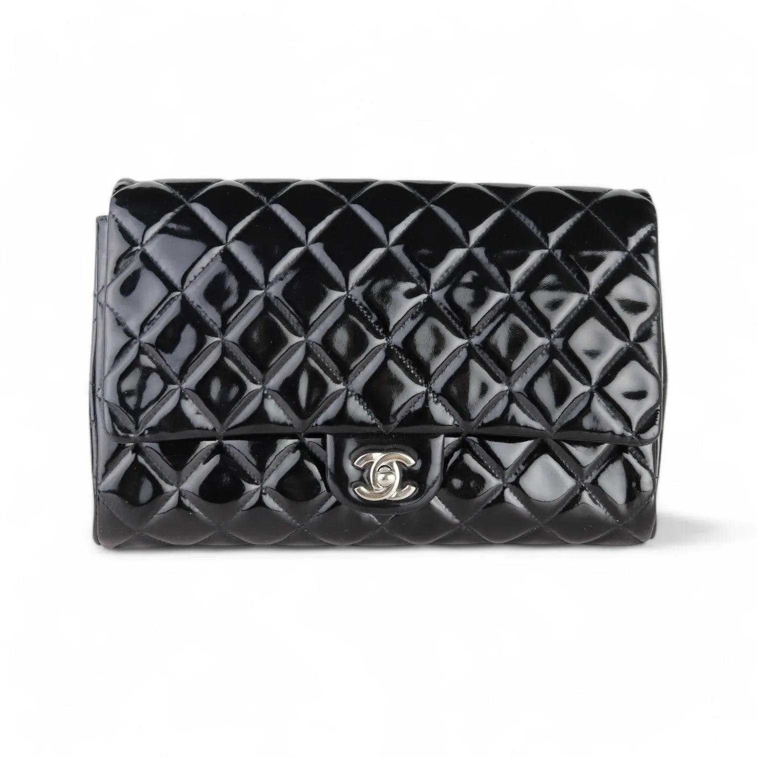 Chanel Clutch with Chain Flap Patent Quilted Black SHW