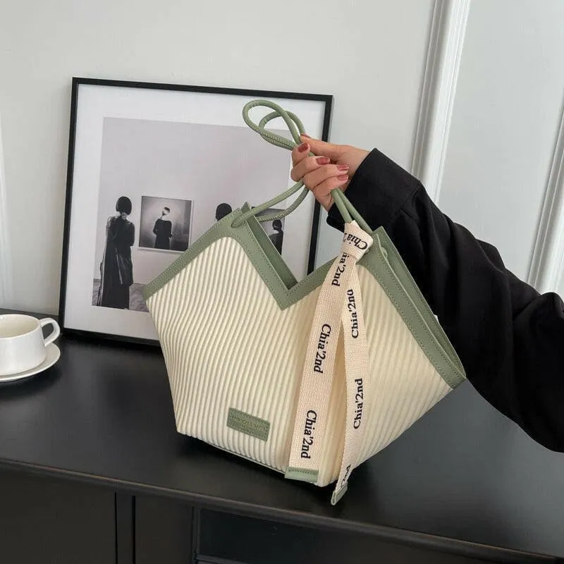 Cream Canvas Tote with Green Trim for Casual Luxury Fashion Students