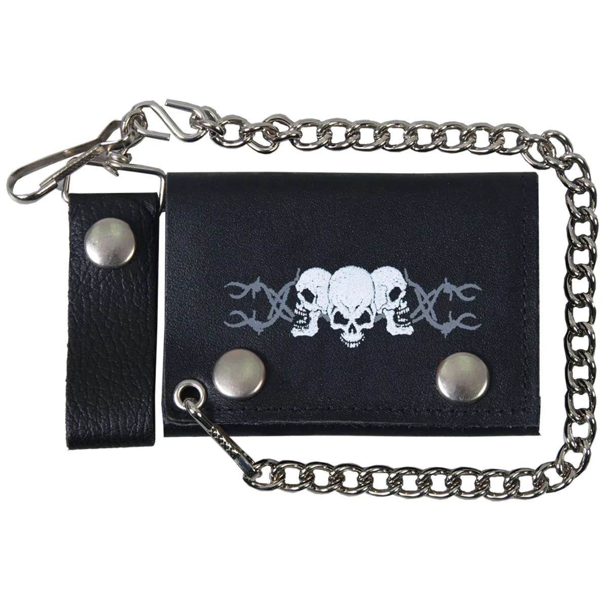 Hot Leathers WLB1014 Barbed Wire Skulls Black Leather Bi-Fold Wallet with Chain