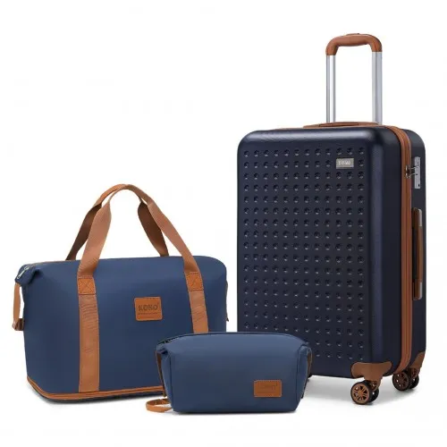 Kono 20 Inch ABS Carry On Cabin Suitcase 3 Piece Travel Set with Weekend and Toiletry Bag - Navy