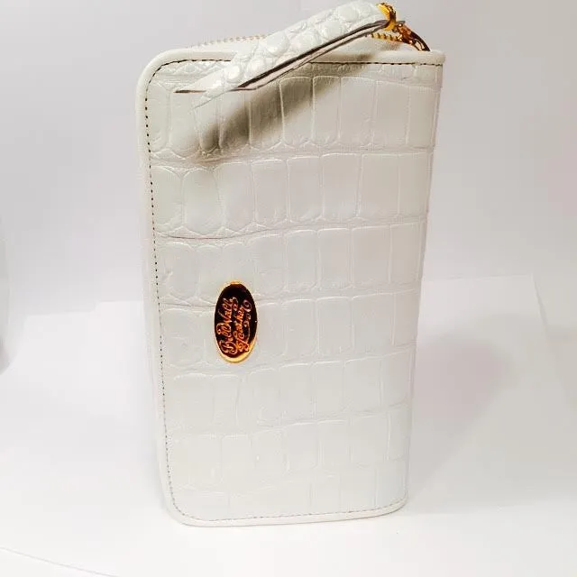 Large Zipper Wallet in White Shiny Crocodile Leather