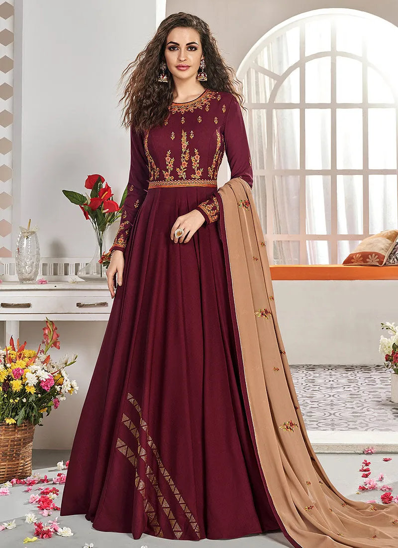 Maroon And Brown Traditional Embroidered Anarkali Suit