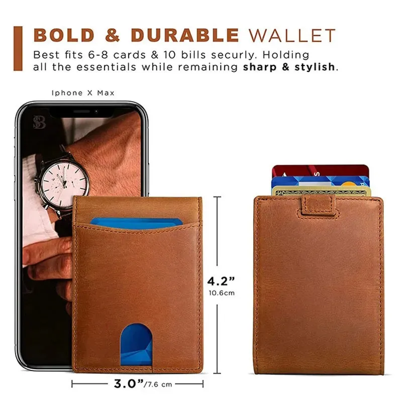 New RFID Mini Wallet: Vintage Genuine Leather Credit Card Holder with Money Clip for Men