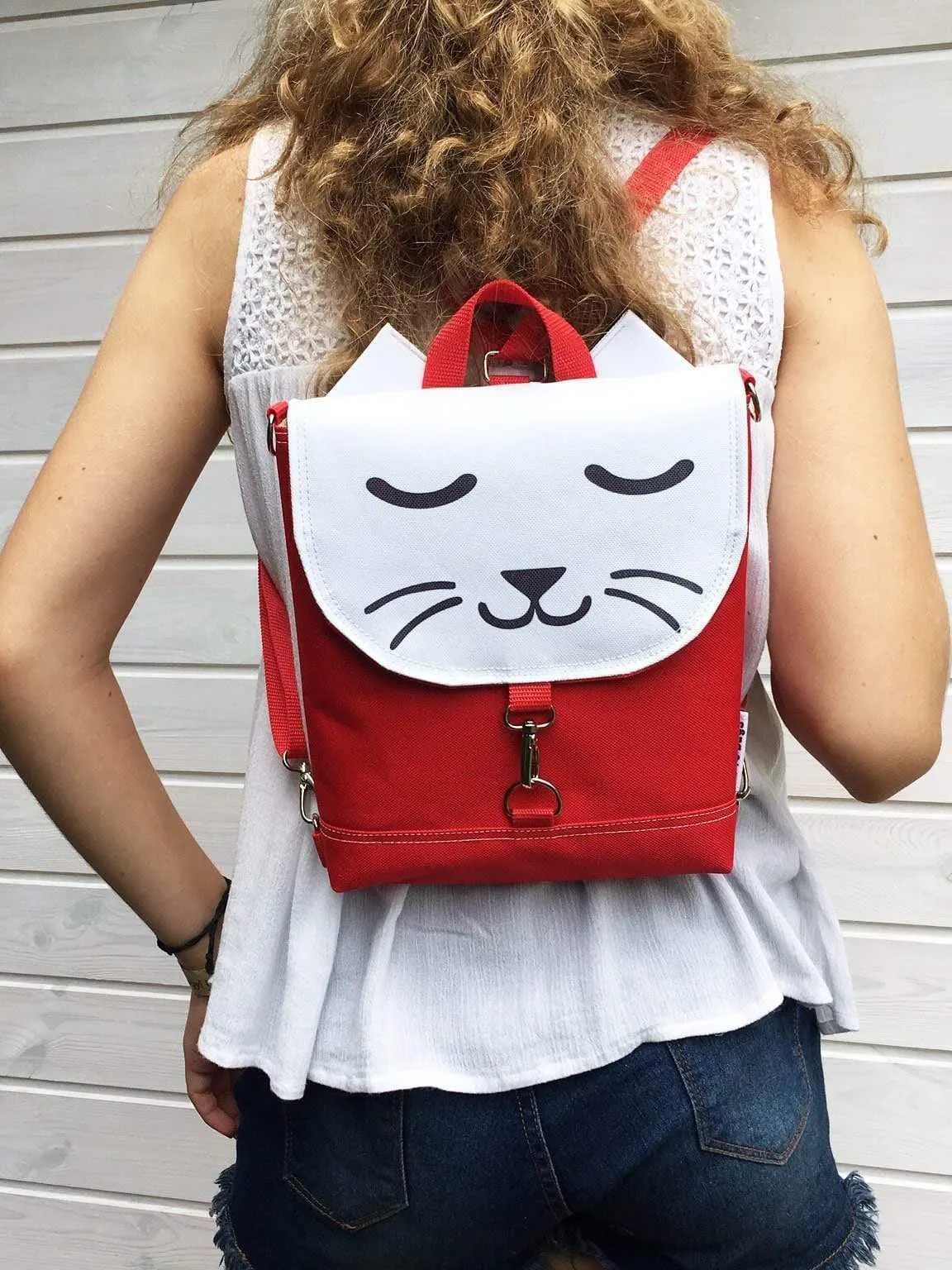 Red White Cat Backpack, Personalized Cross Body Bag | Aris Bags