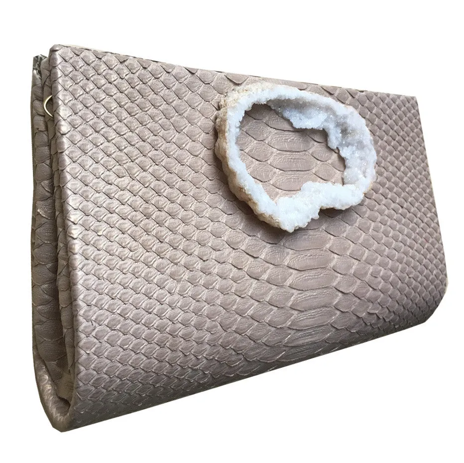 The Taupe Metallic Python & Agate Druzy Classic Clutch